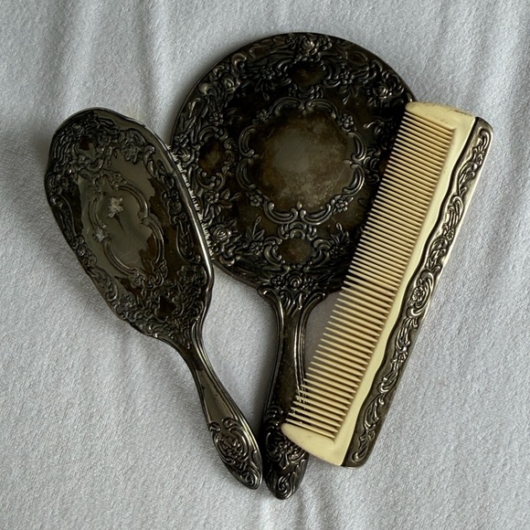 Accessories - Vintage Silver Vanity Set with Mirror, Brush, and Comb